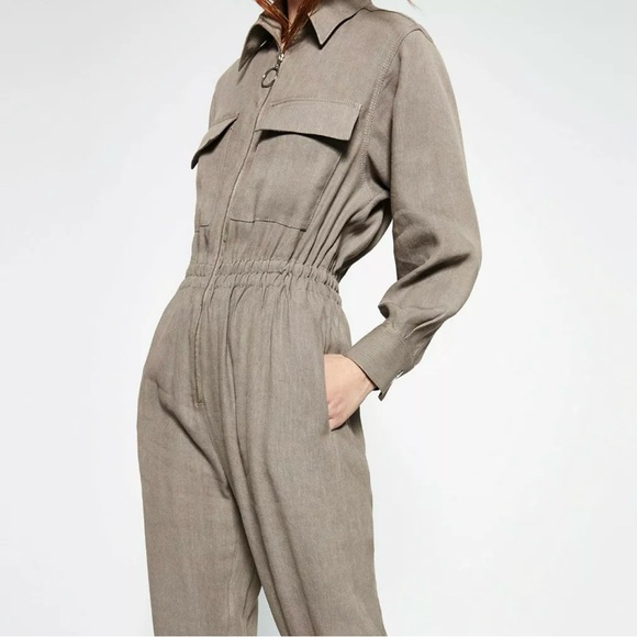 Zara Studio Collection Linen Gray Cargo Jumpsuit size S - Picture 3 of 15